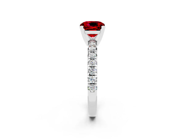 Platinum Cushion Cut Ruby Solitaire Pavé Engagement Ring with Round Band and Prong Setting