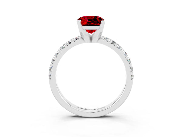 Platinum Cushion Cut Ruby Solitaire Pavé Engagement Ring with Round Band and Prong Setting