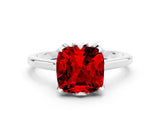 Platinum Cushion Cut Ruby Solitaire Ring with Flower Prong Setting and Classic Band
