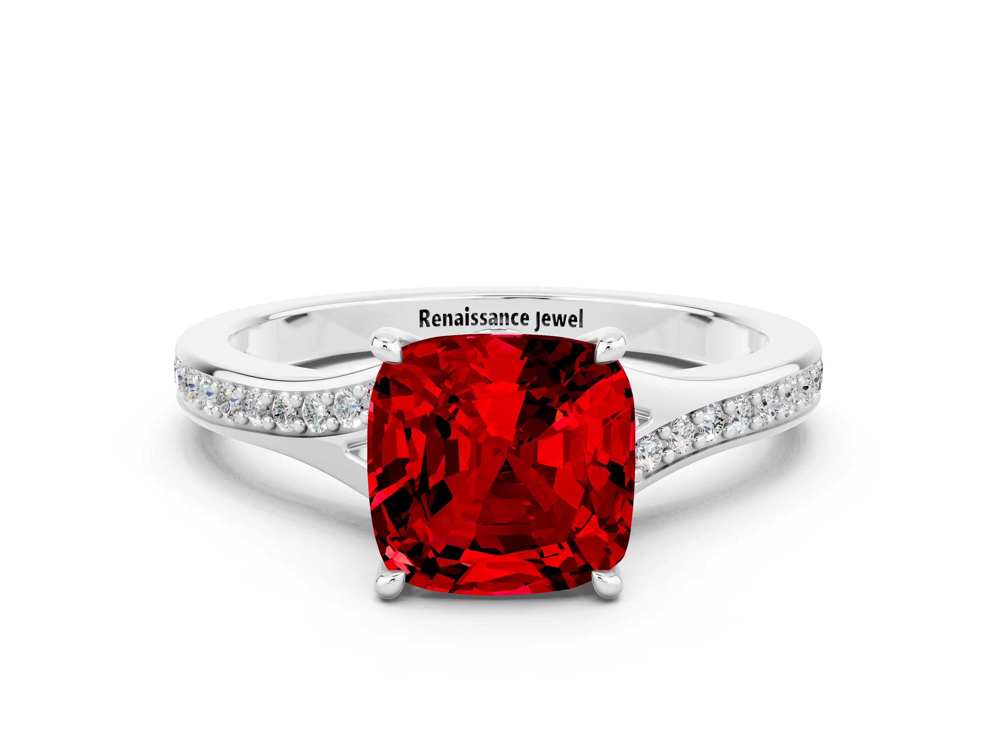 Platinum Cushion Cut Ruby Solitaire Ring with Pavé Band and Prong Setting_12