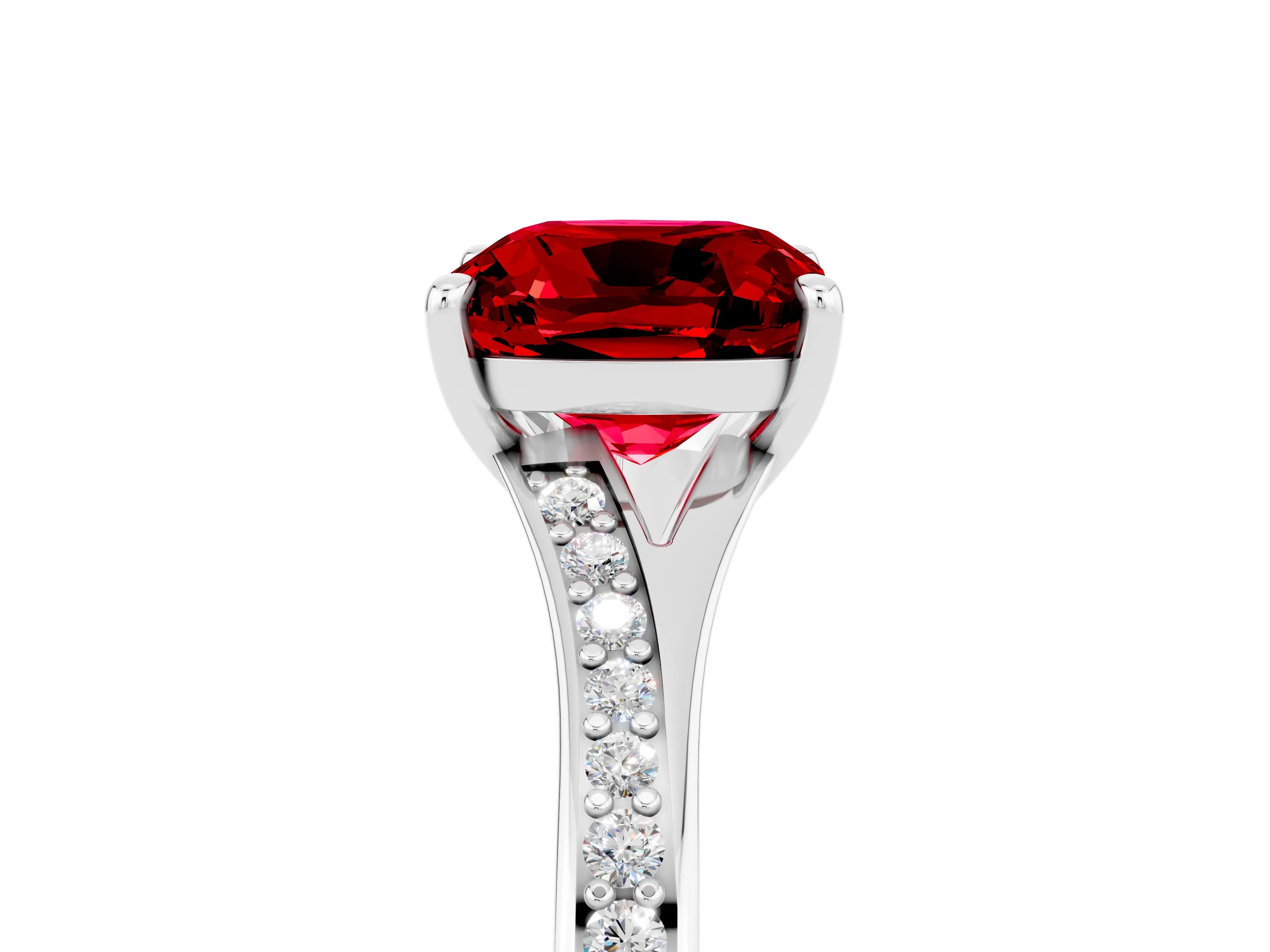 Platinum Cushion Cut Ruby Solitaire Ring with Pavé Band and Prong Setting_17