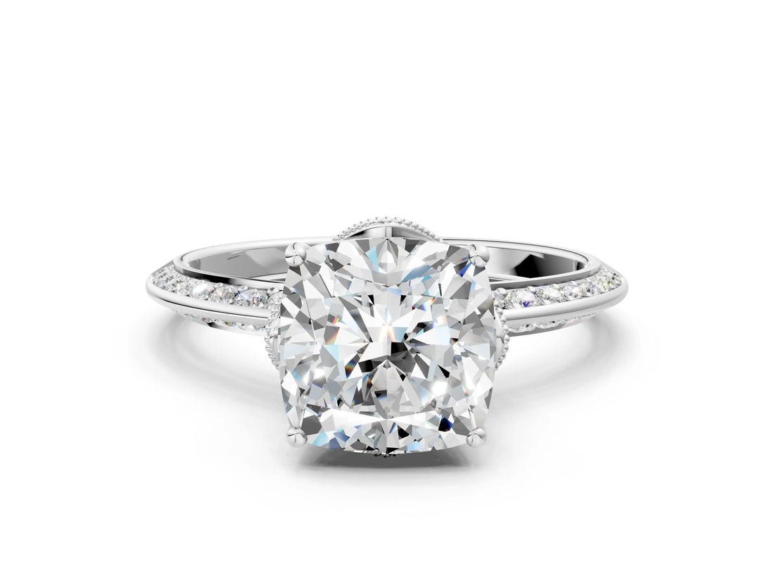 Platinum Cushion Cut Solitaire Split Shank Pave Diamond Engagement Ring with Four-Prong Setting_13