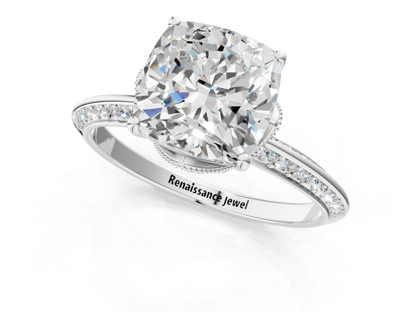 Platinum Cushion Cut Graduated Pave Engagement Ring Setting