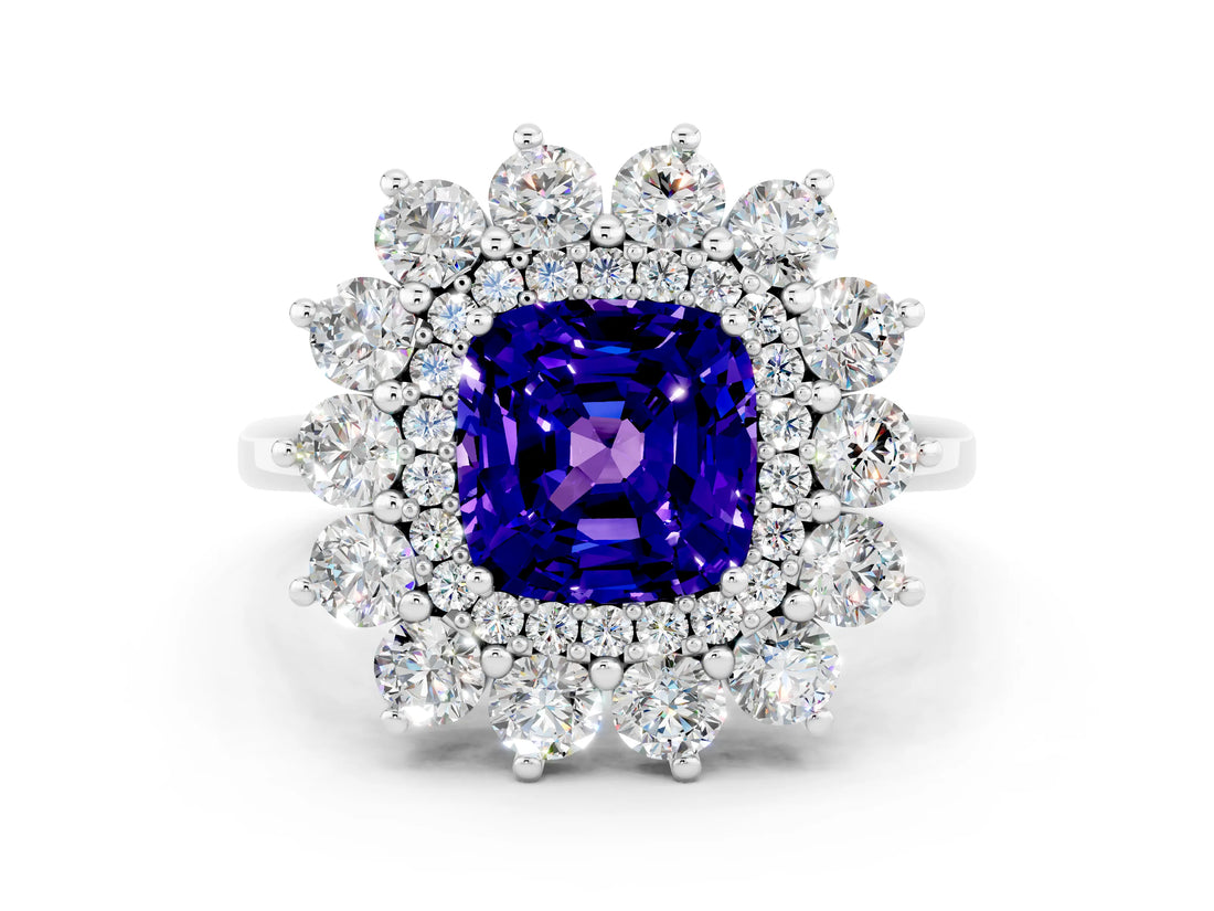 Platinum Cushion Cut Tanzanite Floral Double Halo Engagement Ring with Prong Setting_133