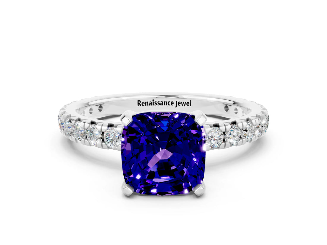 Platinum Cushion Cut Tanzanite Pavé Solitaire Ring with Round Band and Prong Setting_72