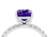 Platinum Cushion Cut Tanzanite Pavé Solitaire Ring with Round Band and Prong Setting_76