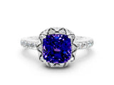 Platinum Cushion Cut Tanzanite Scalloped Halo Engagement Ring with Round Shared Prong Band_126