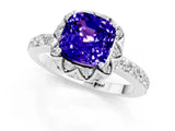 Platinum Cushion Cut Tanzanite Scalloped Halo Engagement Ring with Round Shared Prong Band_127