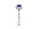 Platinum Cushion Cut Tanzanite Scalloped Halo Engagement Ring with Round Shared Prong Band_128