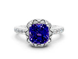 Platinum Cushion Cut Tanzanite Scalloped Halo Engagement Ring with Round Shared Prong Band_48