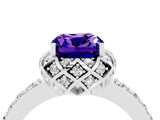 Platinum Cushion Cut Tanzanite Scalloped Halo Engagement Ring with Round Shared Prong Band_52