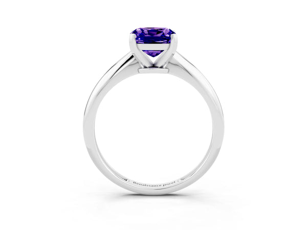 Platinum Cushion Cut Tanzanite Solitaire Engagement Ring with Classic Band and Four-Prong Setting