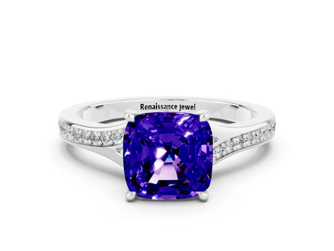 Platinum Cushion Cut Tanzanite Solitaire Ring with Pavé Band and Prong Setting_12