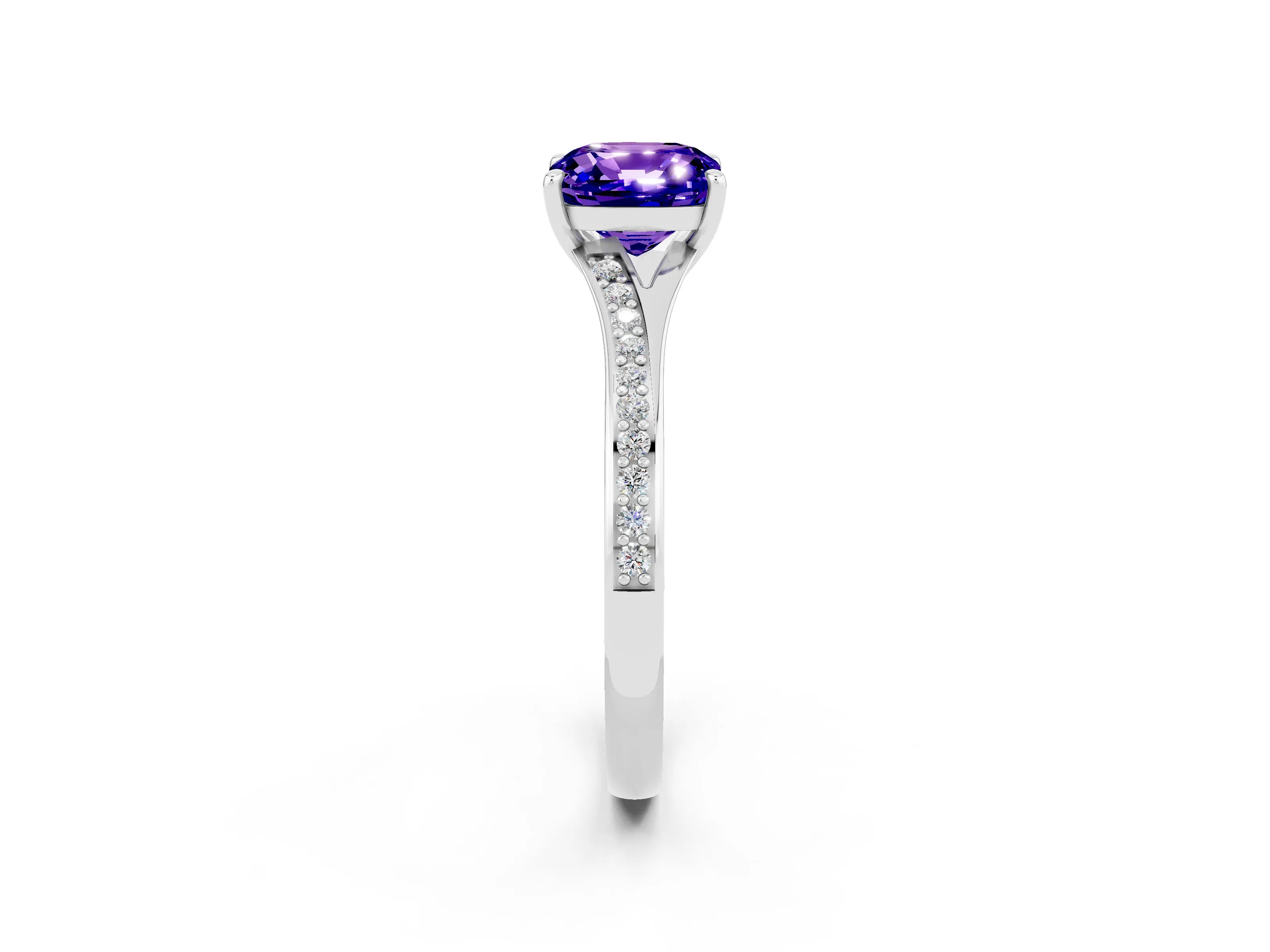 Platinum Cushion Cut Tanzanite Solitaire Ring with Pavé Band and Prong Setting_14