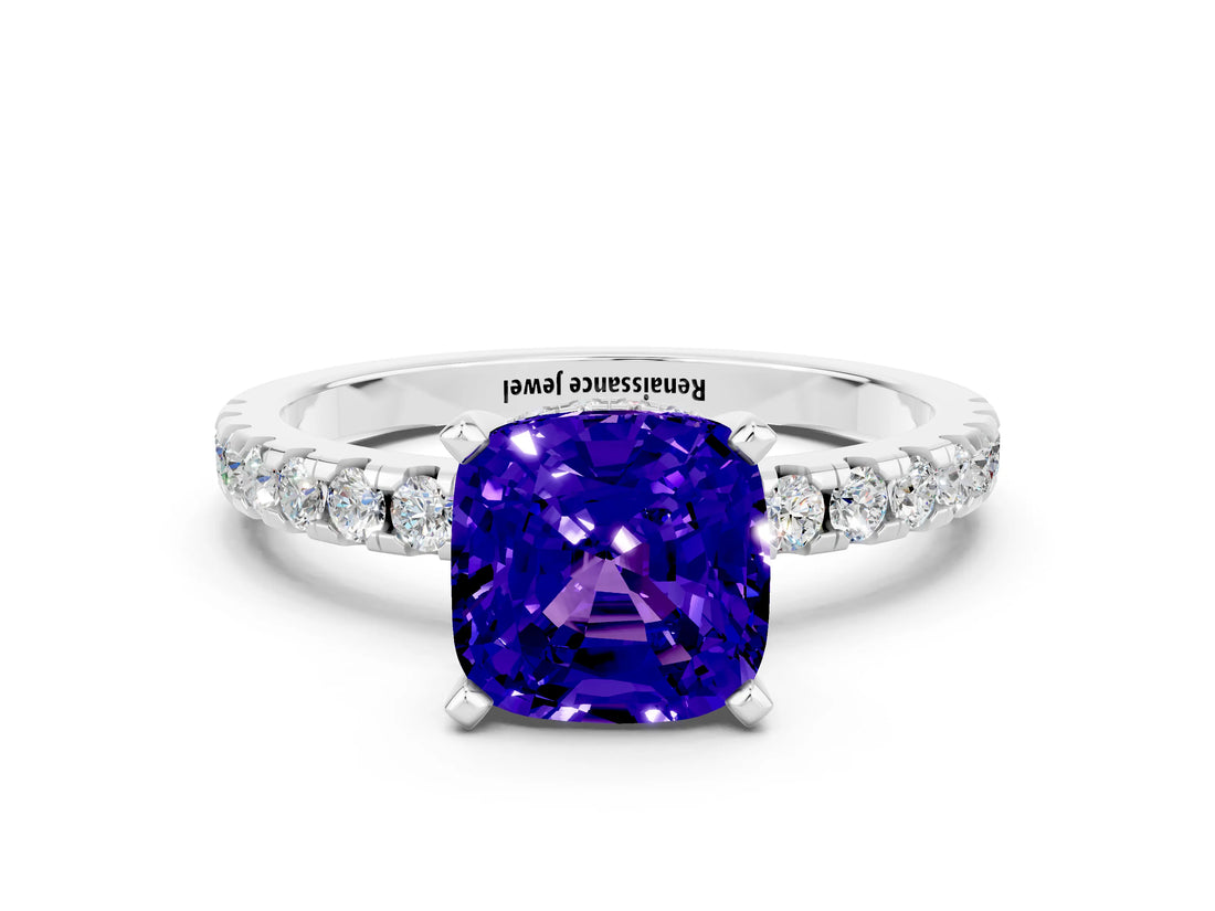 Platinum Cushion Cut Tanzanite Solitaire Ring with Round  Pavé Band and Four-Prong Setting_36
