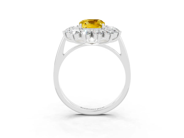 Platinum Cushion Cut Lab-Grown Yellow Sapphire Floral Double Halo Engagement Ring with Plain Band
