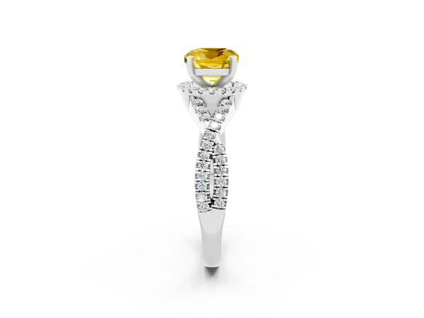 Platinum Cushion Cut Yellow Sapphire  Halo Twist Band Solitaire Prong Setting Ring