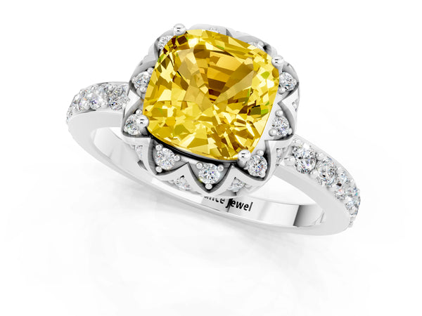 Platinum Cushion Cut Yellow Sapphire Scalloped Halo Engagement Ring with Round Shared Prong Band