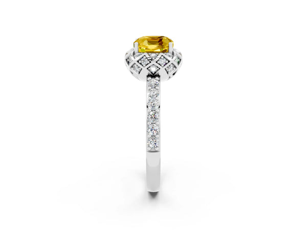 Platinum Cushion Cut Yellow Sapphire Scalloped Halo Engagement Ring with Round Shared Prong Band