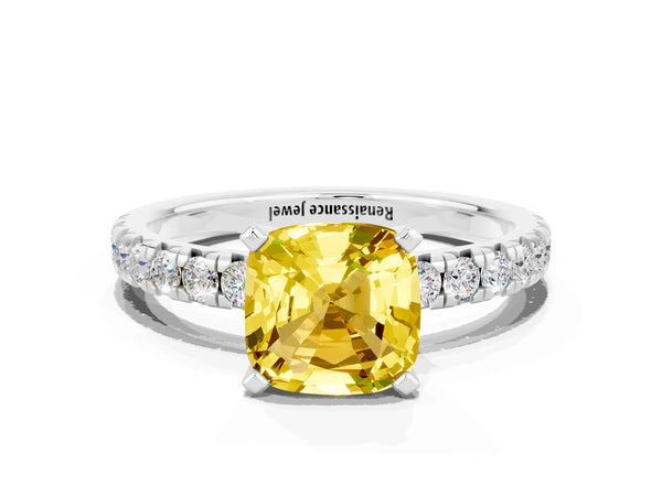 Platinum Cushion Cut Yellow Sapphire Solitaire Pavé Engagement Ring with Round Band and Prong Setting