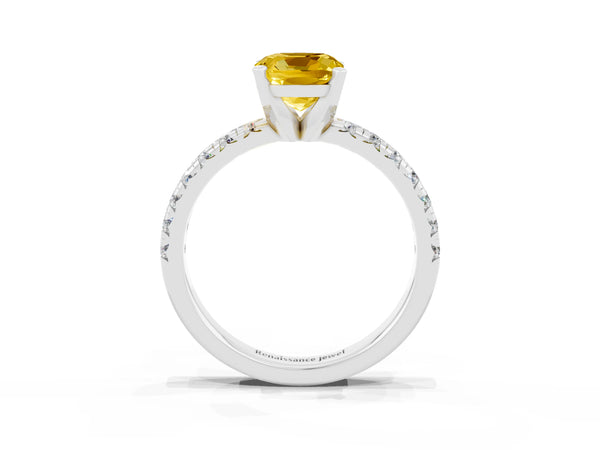Platinum Cushion Cut Yellow Sapphire Solitaire Pavé Engagement Ring with Round Band and Prong Setting