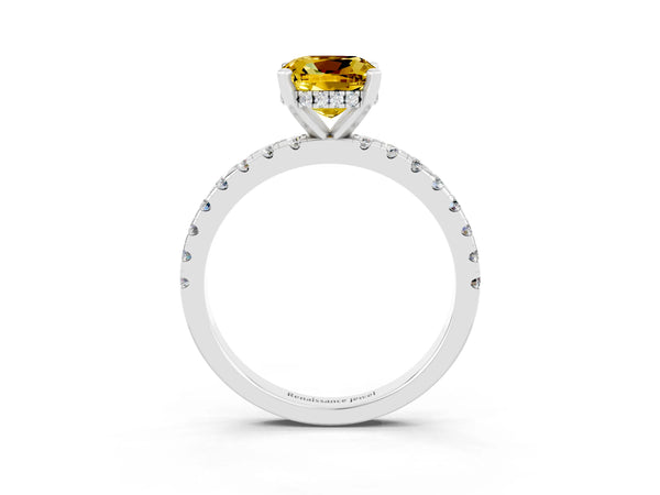 Platinum Cushion Cut Yellow Sapphire Solitaire Ring with Round Pavé Band and Four-Prong Setting