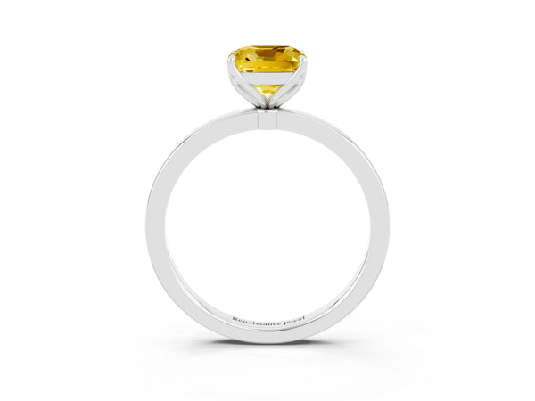 Platinum Cushion Cut Yellow Sapphire Solitaire Ring with Thin Band and Prong Setting