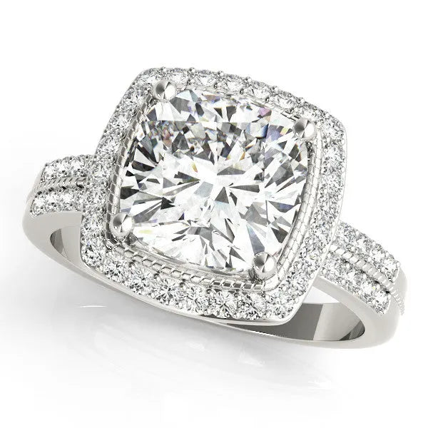 Platinum Cushion Diamond Double Halo Ring with Split Shank and Four-Prong Setting