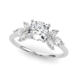 Platinum Cushion Diamond Floral Cluster Ring with Marquise Side Stones and Six-Prong Solitaire Setting