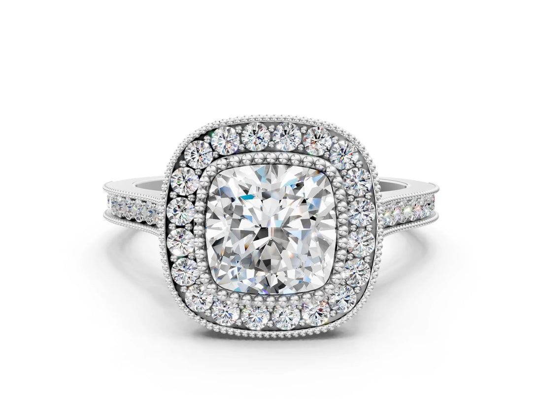 Platinum Cushion Diamond Halo Ring with Milgrain Frame and Pavé Band