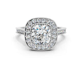 Platinum Cushion Diamond Halo Ring with Milgrain Frame and Pavé Band