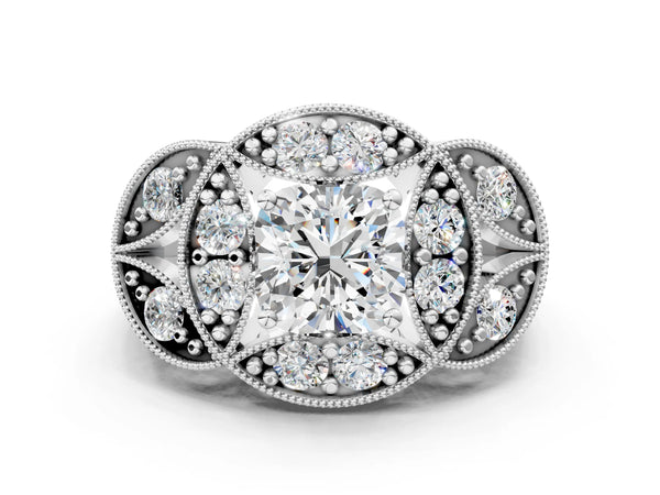 Platinum Cushion Cut Vintage Halo Engagement Ring Setting with Milgrain Leaf Panels and Carved Band