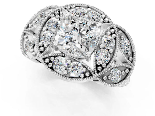 Platinum Cushion Cut Vintage Halo Engagement Ring Setting with Milgrain Leaf Panels and Carved Band