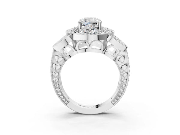 Platinum Cushion Cut Vintage Halo Engagement Ring Setting with Milgrain Leaf Panels and Carved Band