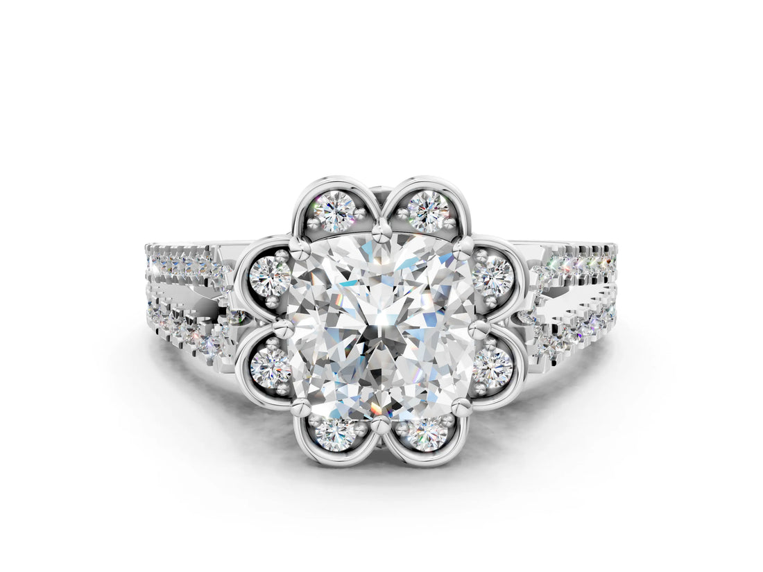 Platinum Cushion Halo Diamond Floral Split Shank Engagement Ring