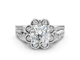 Platinum Cushion Halo Diamond Floral Split Shank Engagement Ring