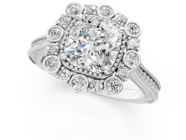 Platinum Cushion Cut Scalloped Milgrain Halo Engagement Ring Setting