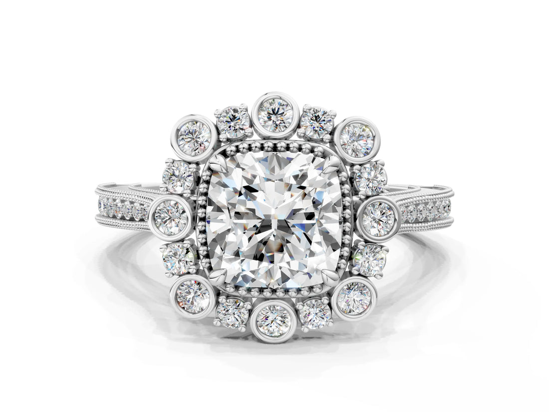 Platinum Cushion Halo Milgrain Pave Diamond Ring with Four-Prong Setting