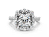 Platinum Cushion Halo Milgrain Pave Diamond Ring with Four-Prong Setting