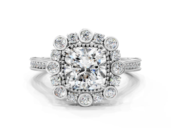 Platinum Cushion Cut Scalloped Milgrain Halo Engagement Ring Setting