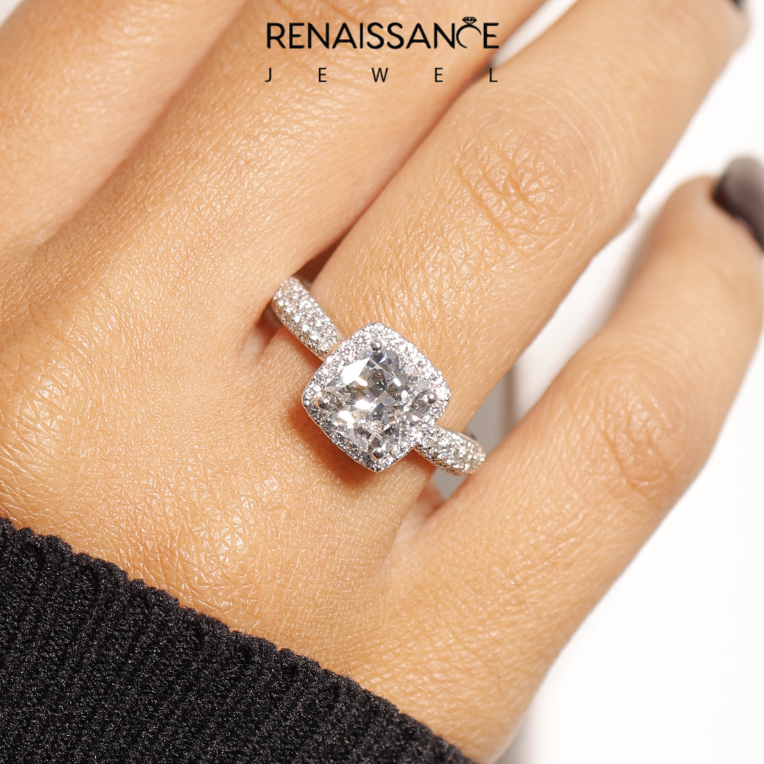 Platinum Cushion Halo Pave Band Prong Setting Ring_41