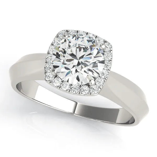 Platinum Cushion Halo Round Brilliant Solitaire Ring with Tapered Band and Four-Prong Setting