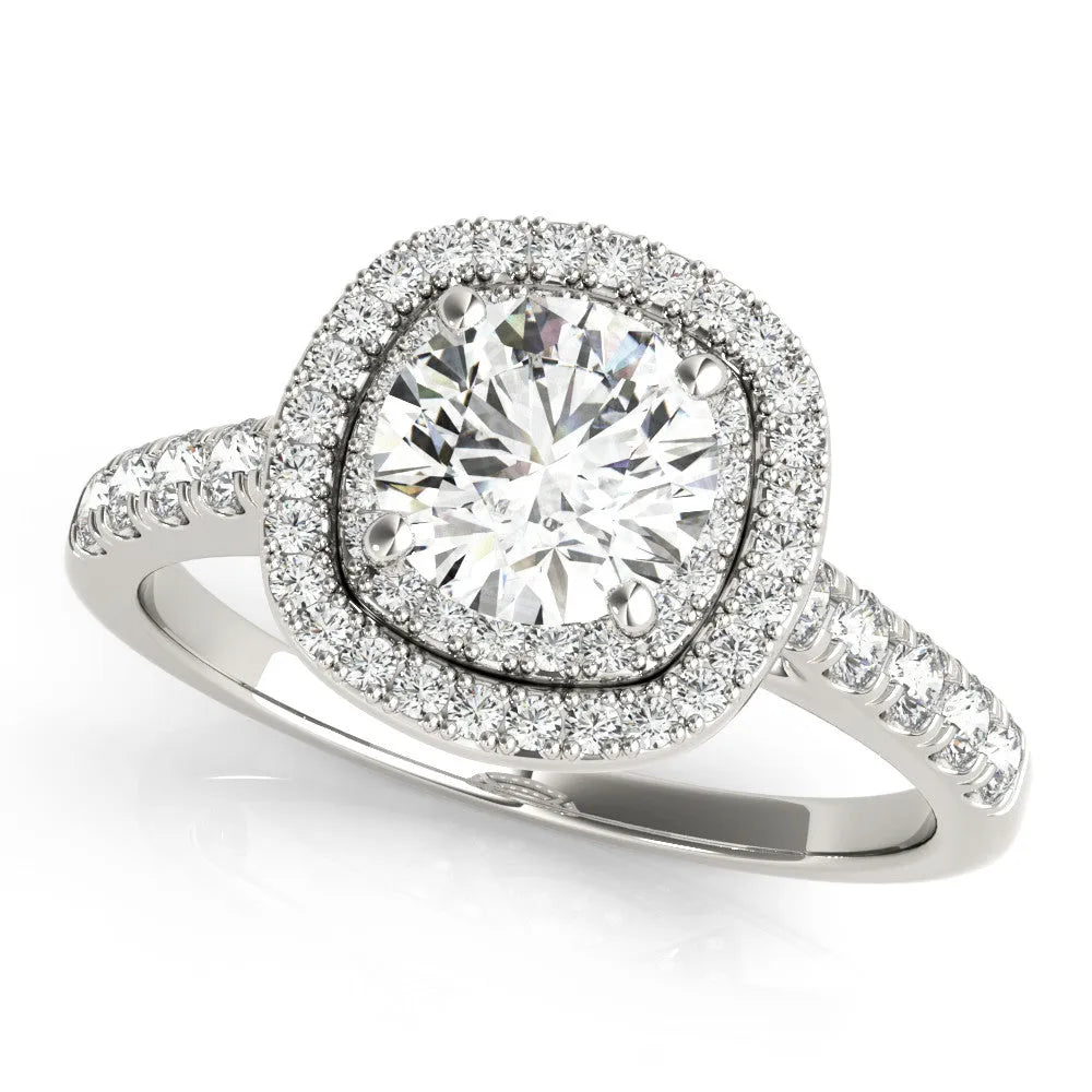 Platinum Cushion Halo Round Diamond Pavé Band Ring with Four-Prong Setting