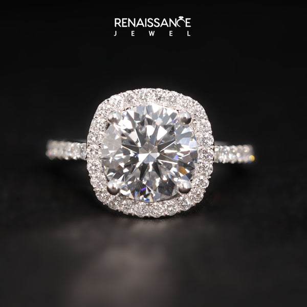 White gold Round Diamond Halo Ring with Pavé Band