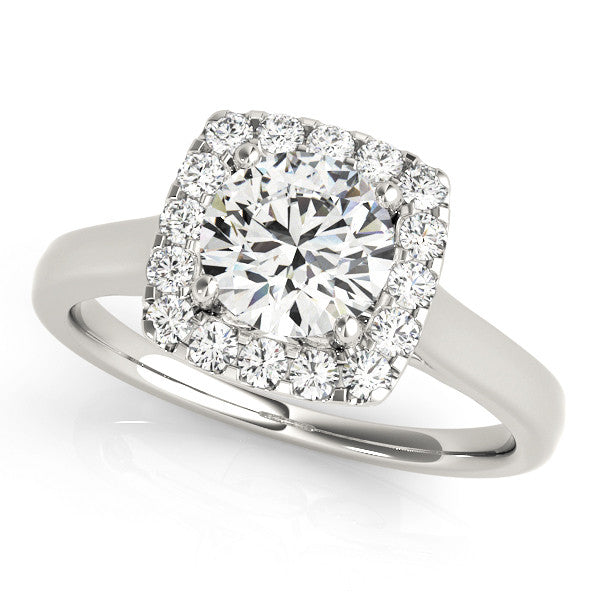 Platinum Cushion Halo Round Diamond Solitaire Ring with Pavé Band and Four-Prong Setting 1