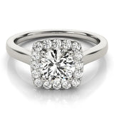 Platinum Cushion Halo Round Diamond Solitaire Ring with Pavé Band and Four-Prong Setting 1