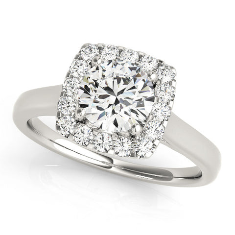 Platinum Cushion Halo Round Diamond Solitaire Ring with Pavé Band and Four-Prong Setting 1