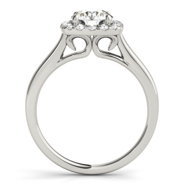 Platinum Cushion Halo Round Diamond Solitaire Ring with Pavé Band and Four-Prong Setting