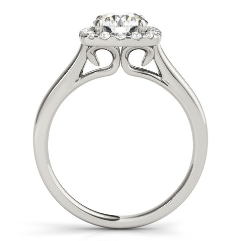 Platinum Cushion Halo Round Diamond Solitaire Ring with Pavé Band and Four-Prong Setting