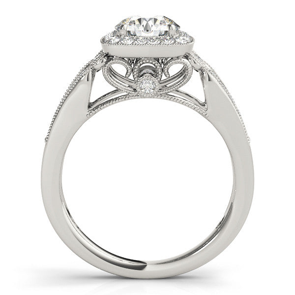 Platinum Cushion Halo Round Diamond Split Shank Milgrain Ring